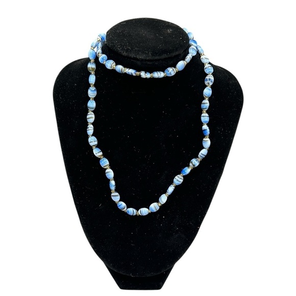 Jewelry - Handmade Blue White Swirl Glass Bead Necklace Artisan Boho Statement
